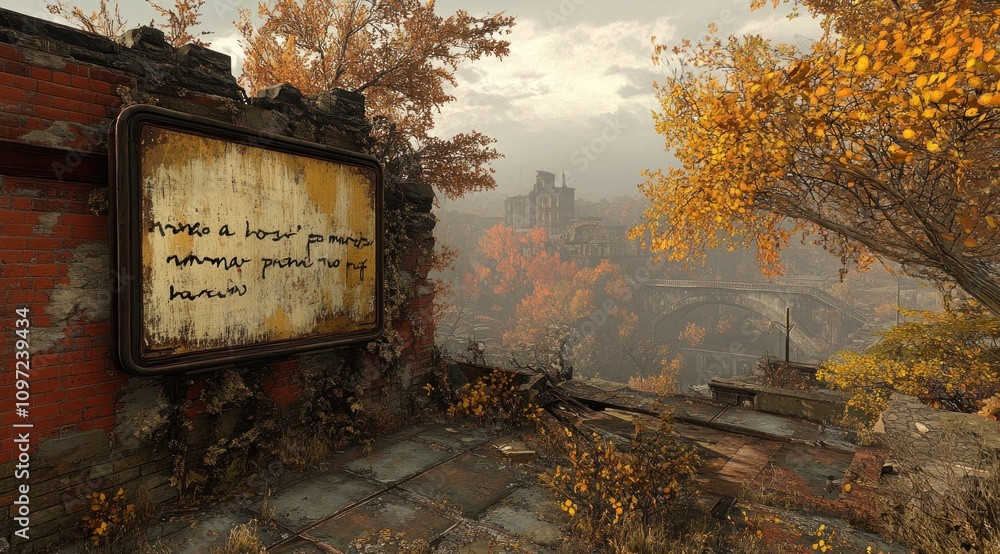 Poster A desolate urban landscape with autumn foliage and a weathered sign, evoking nostalgia.