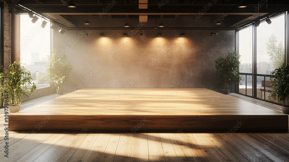 Poster sun shining through windows of empty modern loft with wooden stage, spotlights illuminating concrete