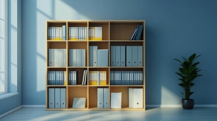 Modern Minimalist Wooden Shelf with Organized Office Supplies