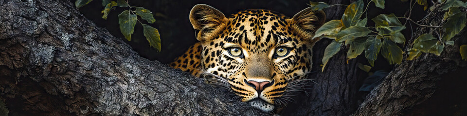 Obraz premium An elegant leopard in the shade of a tree, blending seamlessly into nature.