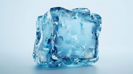 Obraz premium Close-up of a single, translucent ice cube with a slightly irregular shape, showcasing its crystalline structure and light blue hue against a pale blue background.