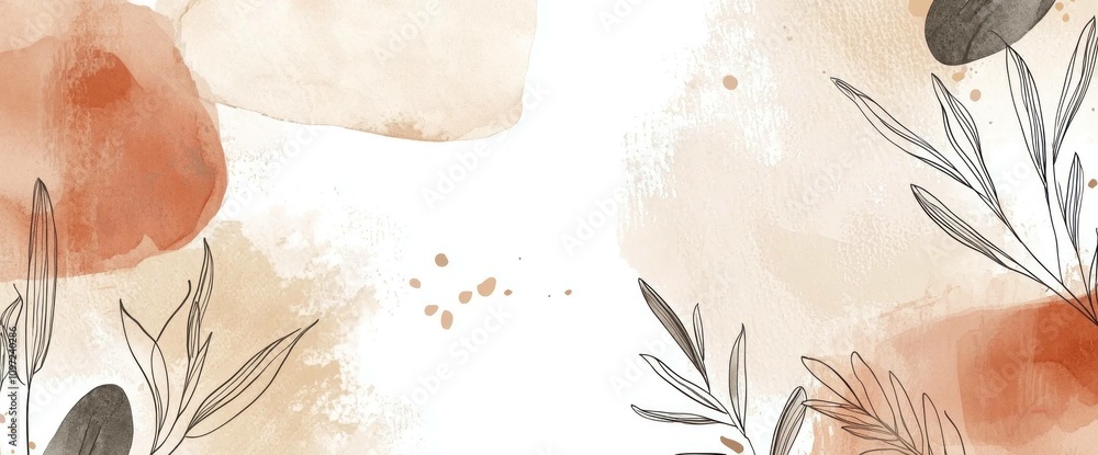 Poster abstract background with soft watercolor textures in warm tones and botanical elements, creating a s