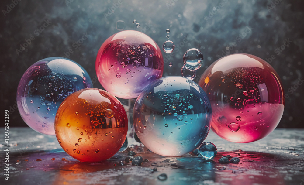 Poster A group of colorful glass spheres are floating in the air. The spheres are of different colors and sizes, creating a visually appealing and dynamic scene