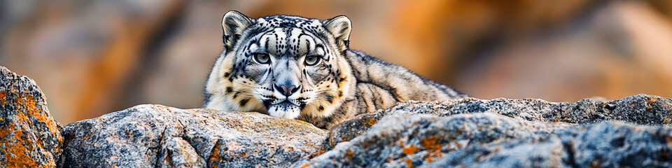 A rare snow leopard perched on a rock formation, staring directly at the camera.