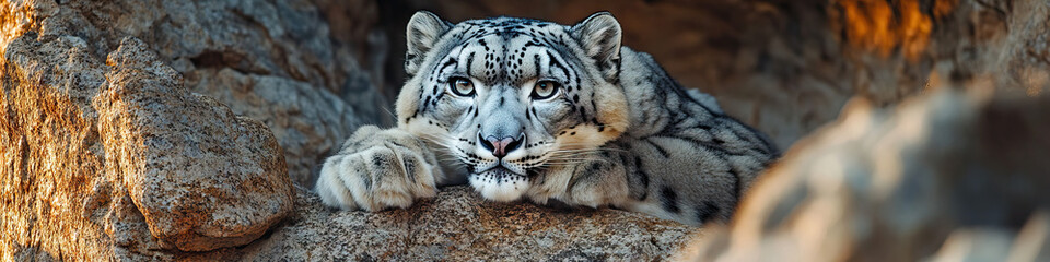 A rare snow leopard perched on a rock formation, staring directly at the camera.