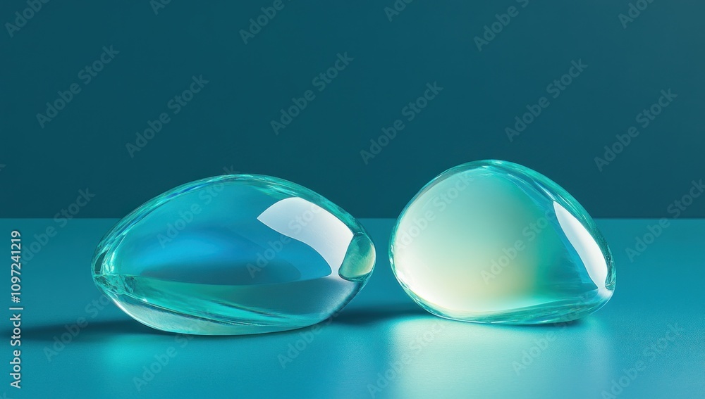 Aufkleber Two smooth, translucent objects on a teal surface, reflecting light and creating shadows.