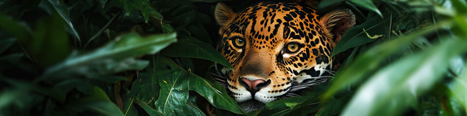 Obraz premium A shy jaguar disappearing into the dense jungle foliage.