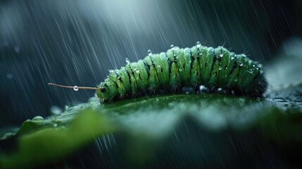 Fototapeta premium Close-Up of Green Caterpillar on Leaf in Rainy Environment