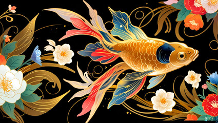 Colorful goldfish among floral patterns on a black background enhancing the vibrant design