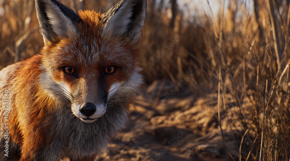 Poster a close-up of a realistic fox in a natural setting, showcasing its fur and intense gaze.