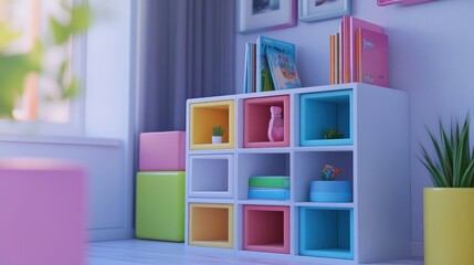 Colorful Modern Shelving Unit in Bright Room Decor