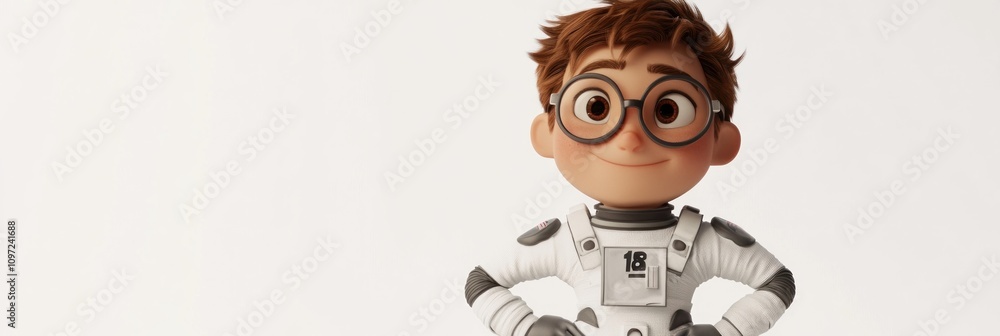 Poster a cheerful animated character in a space suit, ready for adventure.