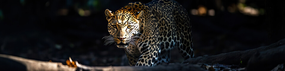 Fototapeta premium A lean leopard cautiously prowling through the shadows