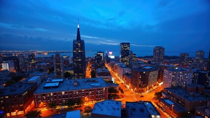 Fototapeta premium Generative AI, Dynamic Urban Skyline at Dusk