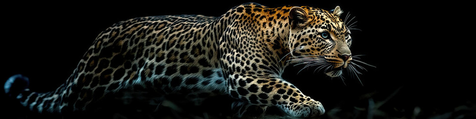 Naklejka premium A lean leopard cautiously prowling through the shadows