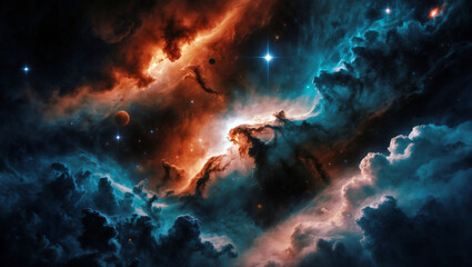 Obraz premium Expansive cosmic nebula with vibrant swirling clouds and stars