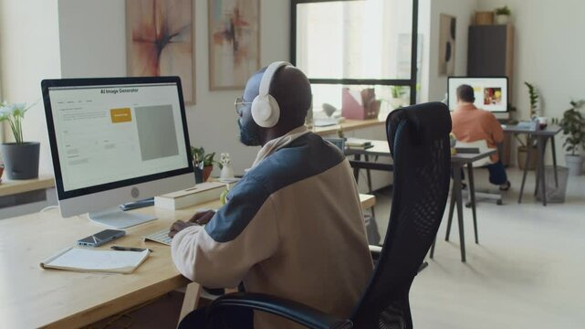 Medium rear shot of young African American male developer sitting in front of desktop computer, writing text prompt for artificial intelligence image generation software while testing its performance