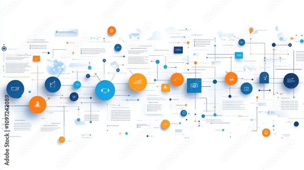 Poster abstract illustration of interconnected data and technology icons, representing information flow and