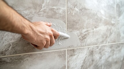 Hand Applying Grout to Tile Surface in Modern Home Renovation