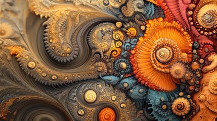 Abstract fractal art: swirling spirals and organic forms in warm, earthy tones.