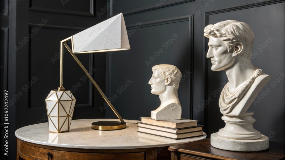 Poster sculptural elements a minimalist lamp with sharp angles casts an intriguing silhouette on a nearby s