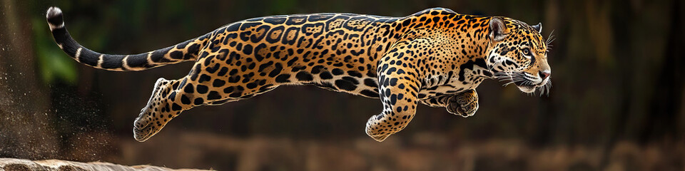 An athletic jaguar leaps through the air with remarkable speed and strength.