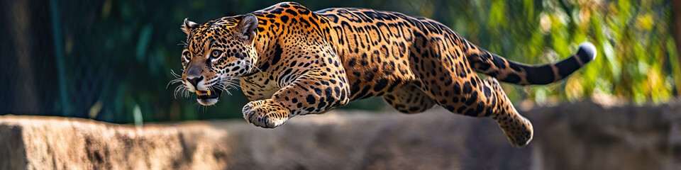 Fototapeta premium An athletic jaguar leaps through the air with remarkable speed and strength.