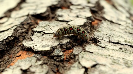 Obraz premium Colorful Caterpillar Crawling on Textured Bark Surface in Nature