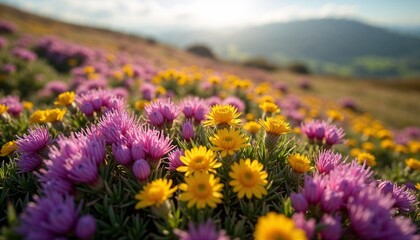 Obraz premium Close-up of vibrant purple heather and bright yellow gorse flowers on a sunlit hillside