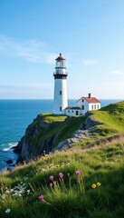 Aerial view of white Irish lighthouse on cliff&rsquo;s edge surrounded by wildflowers and Atlantic Ocean
