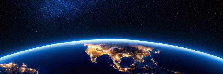 Fototapeta premium Stunning nighttime view of earth from space with visible city lights and starfilled sky
