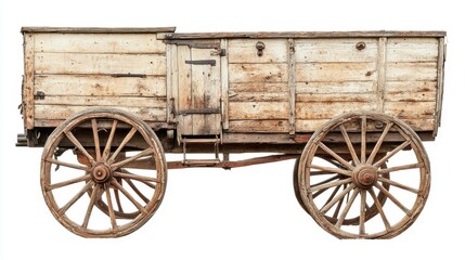 Fototapeta premium Old wooden wagon with large wheels, isolated on white background
