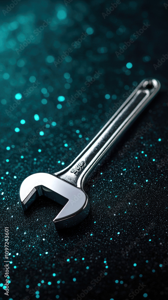 Poster a shiny adjustable wrench rests on a textured surface with a sparkling background, highlighting its 