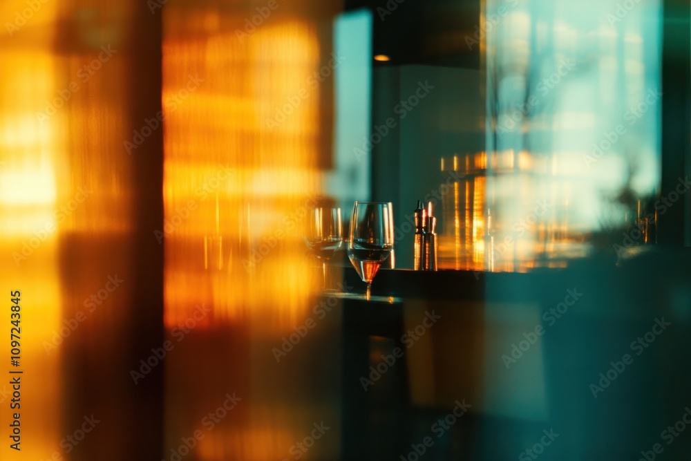 Poster Abstract view of a table with glasses and bottles through a blurry window.