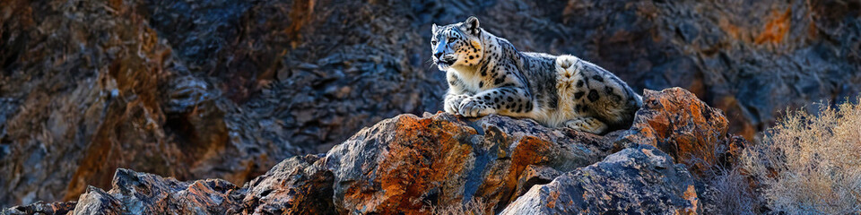 Fototapeta premium A snow leopard perched atop a rocky outcrop, its fur glowing in the alpine sunlight.