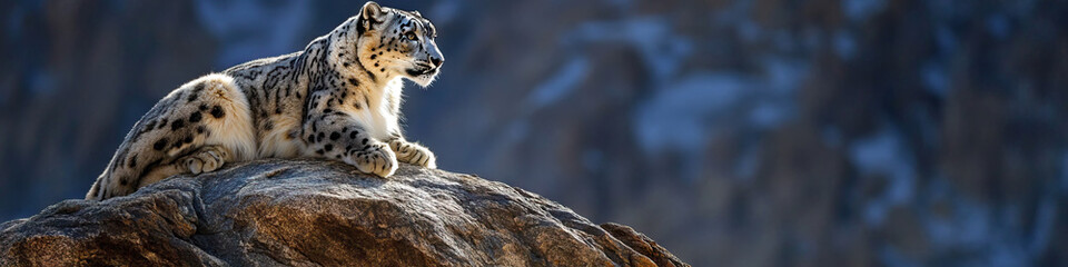 Naklejka premium A snow leopard perched atop a rocky outcrop, its fur glowing in the alpine sunlight.
