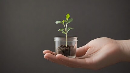 Young Plant Growth in Glass Jar Held in Hand with Dark Background