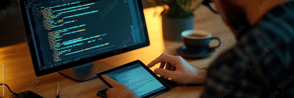 Aufkleber Programmer working on code on a computer and tablet.