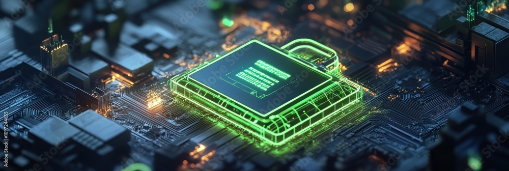 Poster A glowing green padlock with a file icon inside sits on a circuit board with golden lights.
