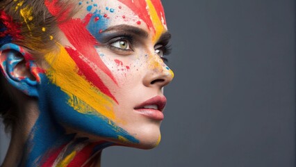 Naklejka premium An avantgarde portrait where splashes of paint in bold primary colors create a dynamic and unpredictable pattern across the forehead and cheekbones. The interplay of colors