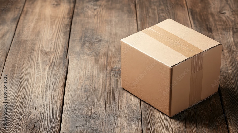 Poster a simple cardboard box is casually placed on a wooden floor, creating a minimalistic and serene atmo