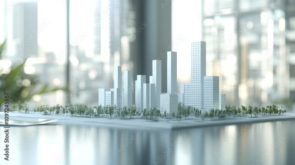 Aufkleber architectural model of a modern city with trees and a blurred city skyline in the background.