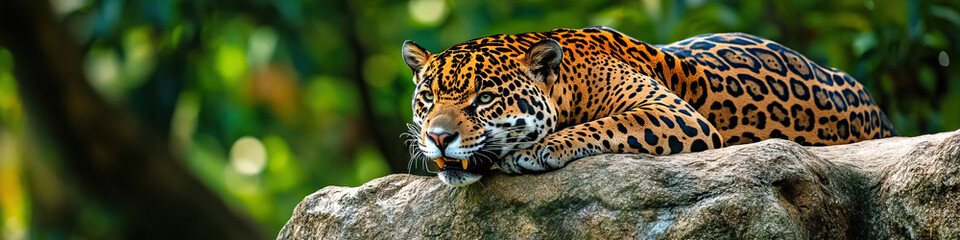 Obraz premium Powerful Jaguar: A jaguar, teeth bared, perched atop a rock