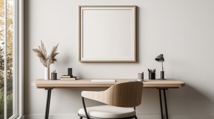 Picture Frame Above Wooden Desk: Commercial Photograph