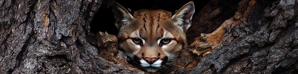 Obraz premium Stealthy Cougar: A cougar, camouflaged perfectly against bark