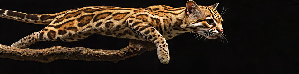 Naklejka premium Graceful Ocelot: An ocelot, mid-leap, with a branch in its paws