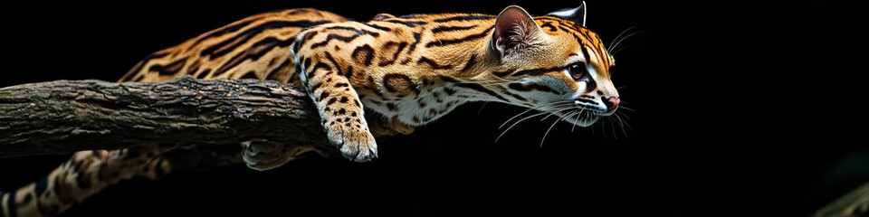 Obraz premium Graceful Ocelot: An ocelot, mid-leap, with a branch in its paws