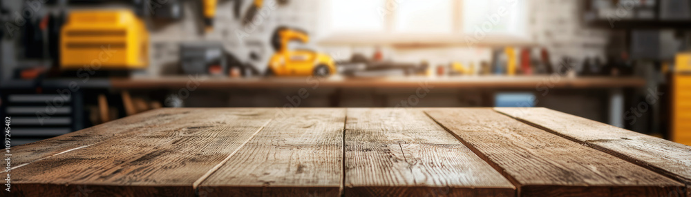 Poster a well-worn wooden table in a bright workshop, with tools and equipment softly blurred in the backgr