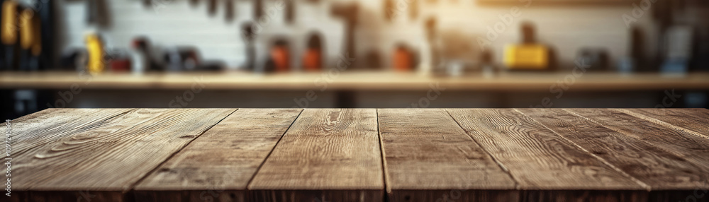 Poster a rustic wooden table in a workshop setting, illuminated by warm light, with tools and shelves blurr