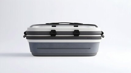 Collapsible gray and white plastic storage container with handles and latches, isolated on white background.